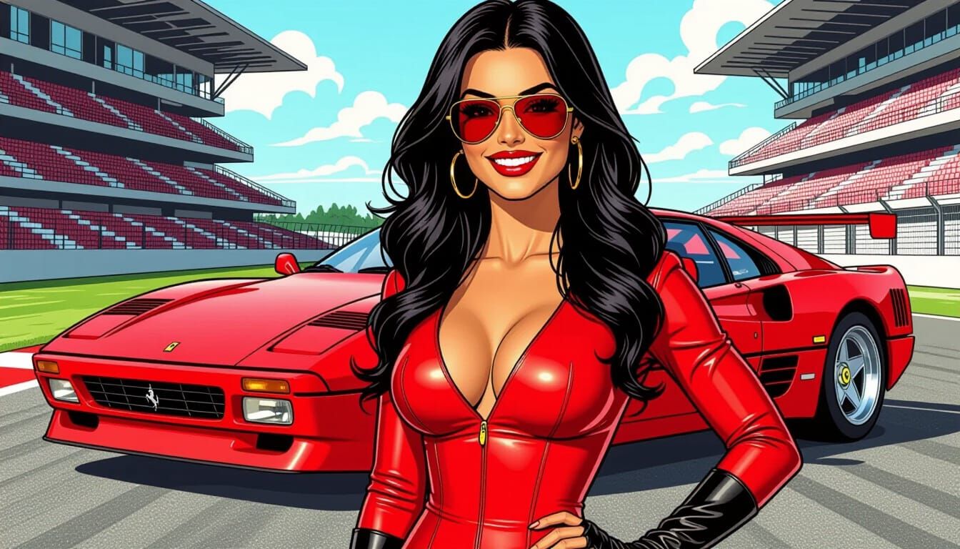 Italian Model and Ferrari in 70s Comic Art Style