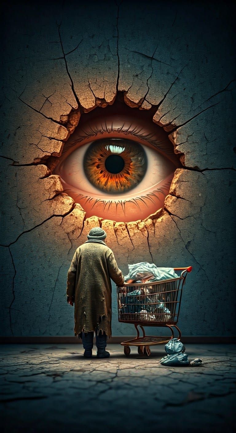 Miniature Homeless Woman in Surreal, Crumbling Landscape