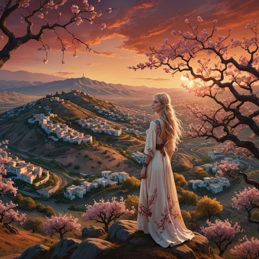 Woman Overlooking Almond Tree Landscape at Sunset