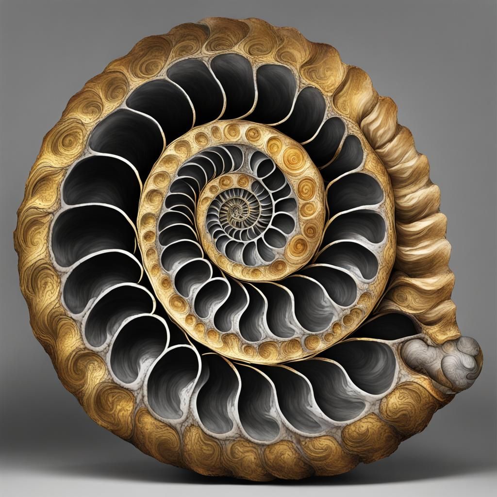 Golden Ammonite Fossil on Grayscale Background