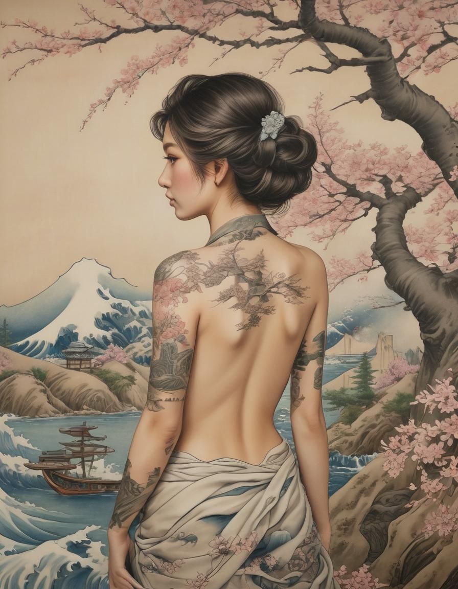 Woman with Great Wave Tattoo by Lake