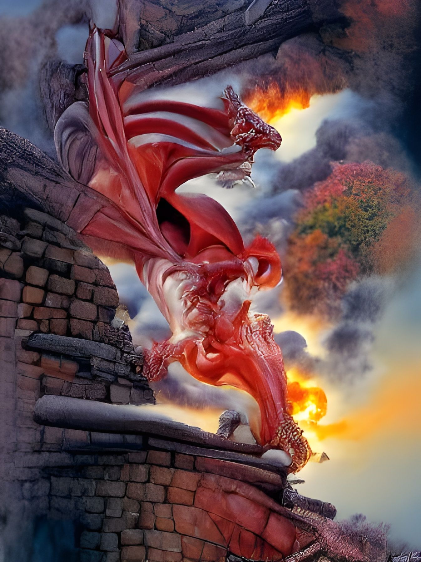 Fiery Red Dragon on Castle Battlement