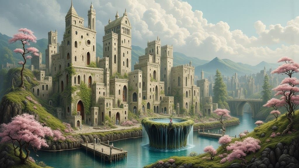 Mossy Gothic City Architecture in a Surreal Style