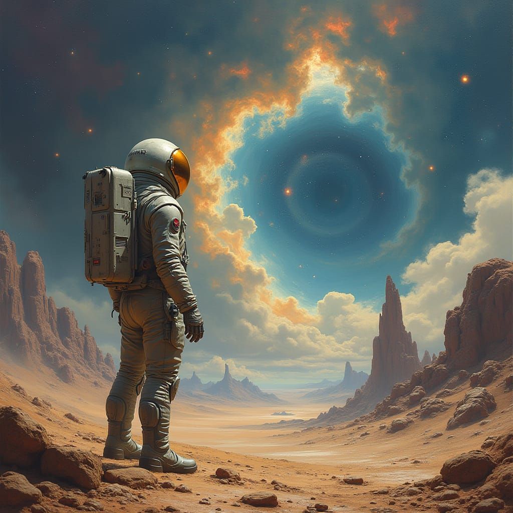 Astronaut on Alien Planet Gazing at Nebula