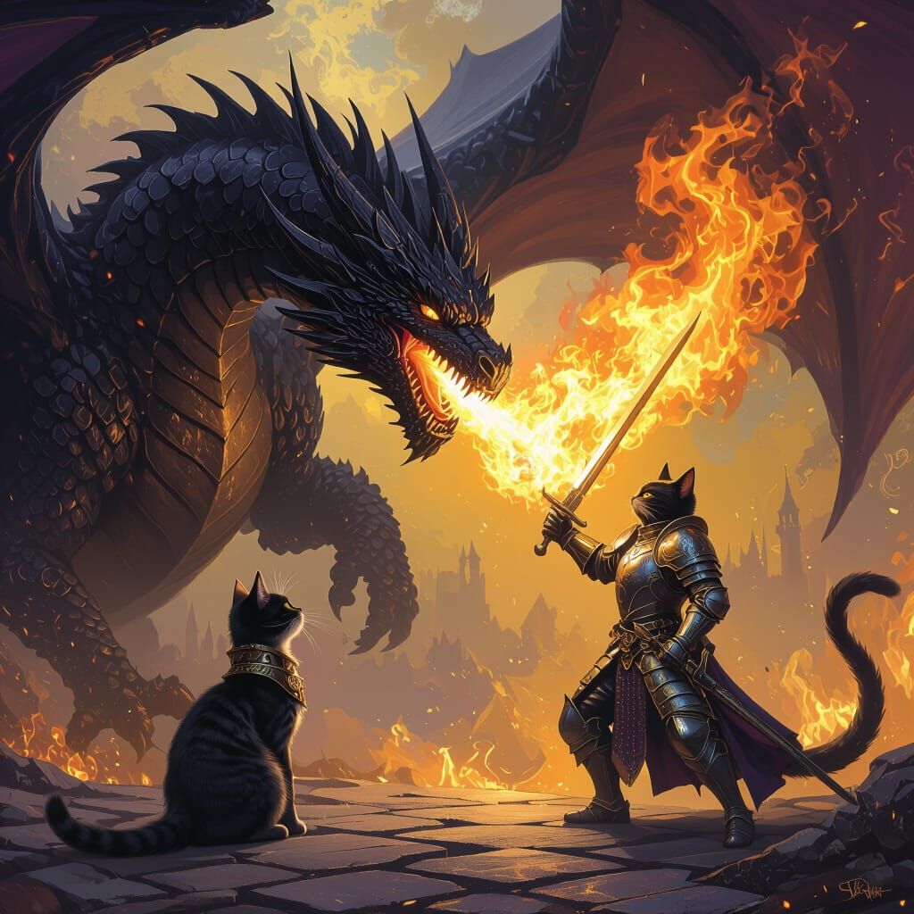 Black Dragon Breathes Fire at Armored Cat with Sword
