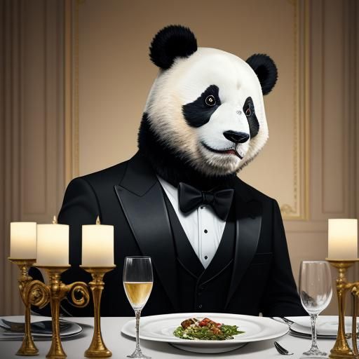 A panda bear wearing a tuxedo at a dinner party.