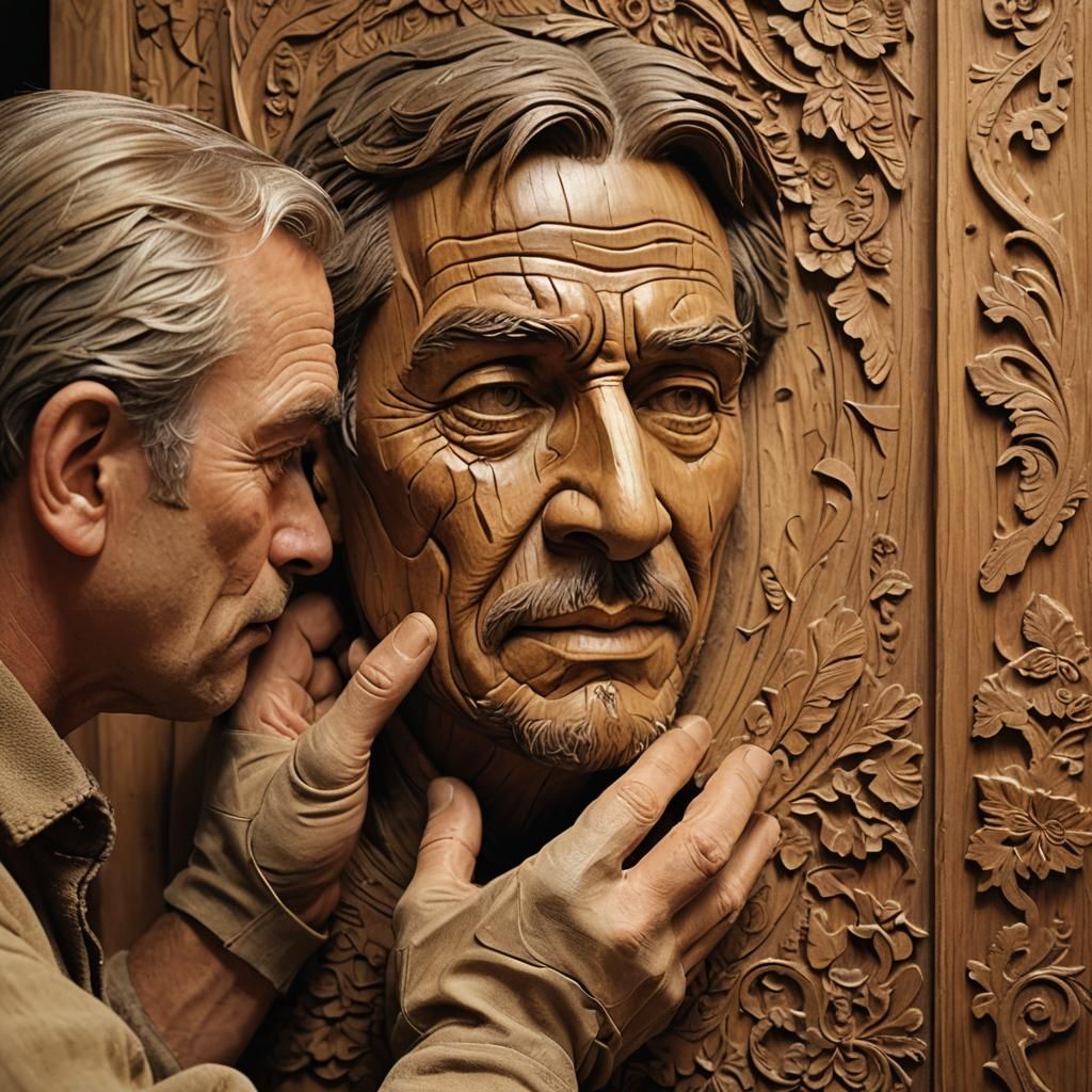 Craftsman Carving Wooden Face: Detailed Matte Painting