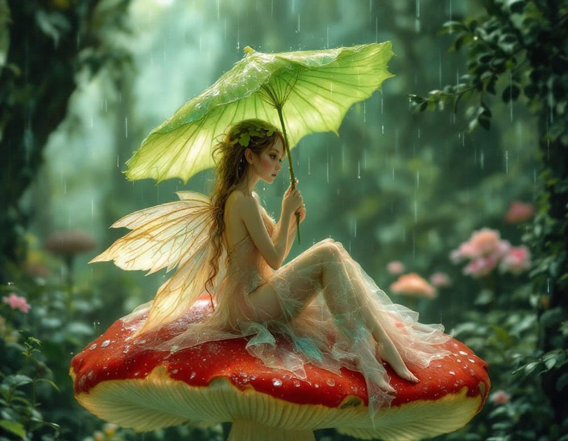 Whimsical Fairy Under Iridescent Umbrella in Enchanted Fores...