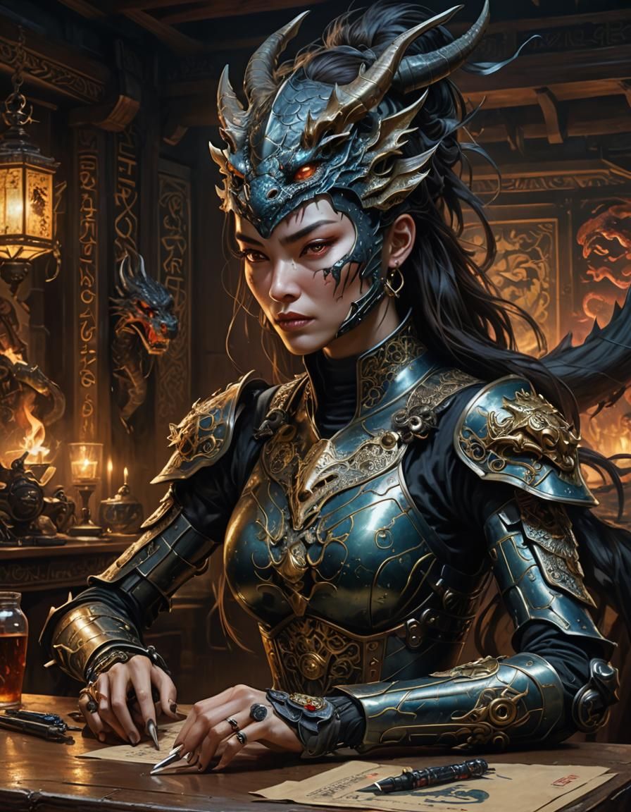 Dragon Tattoo Robot Lady in Dark Fantasy Style