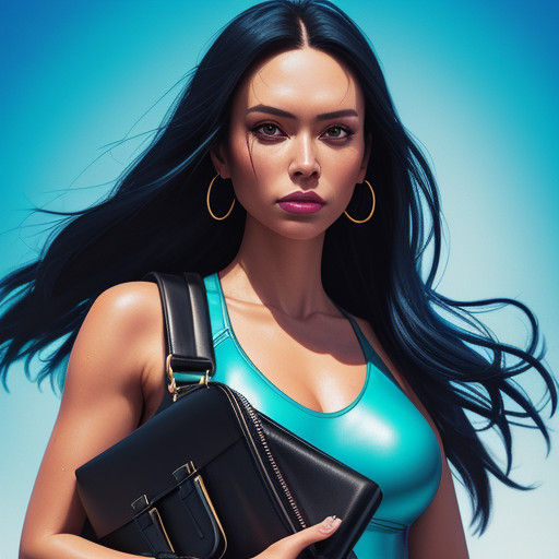 Woman with Digimon Features Holds Briefcase in Swimsuit