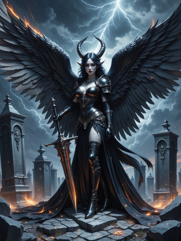 Shadow Angel Warrior in Obsidian Armor Wielding Fiery Sword