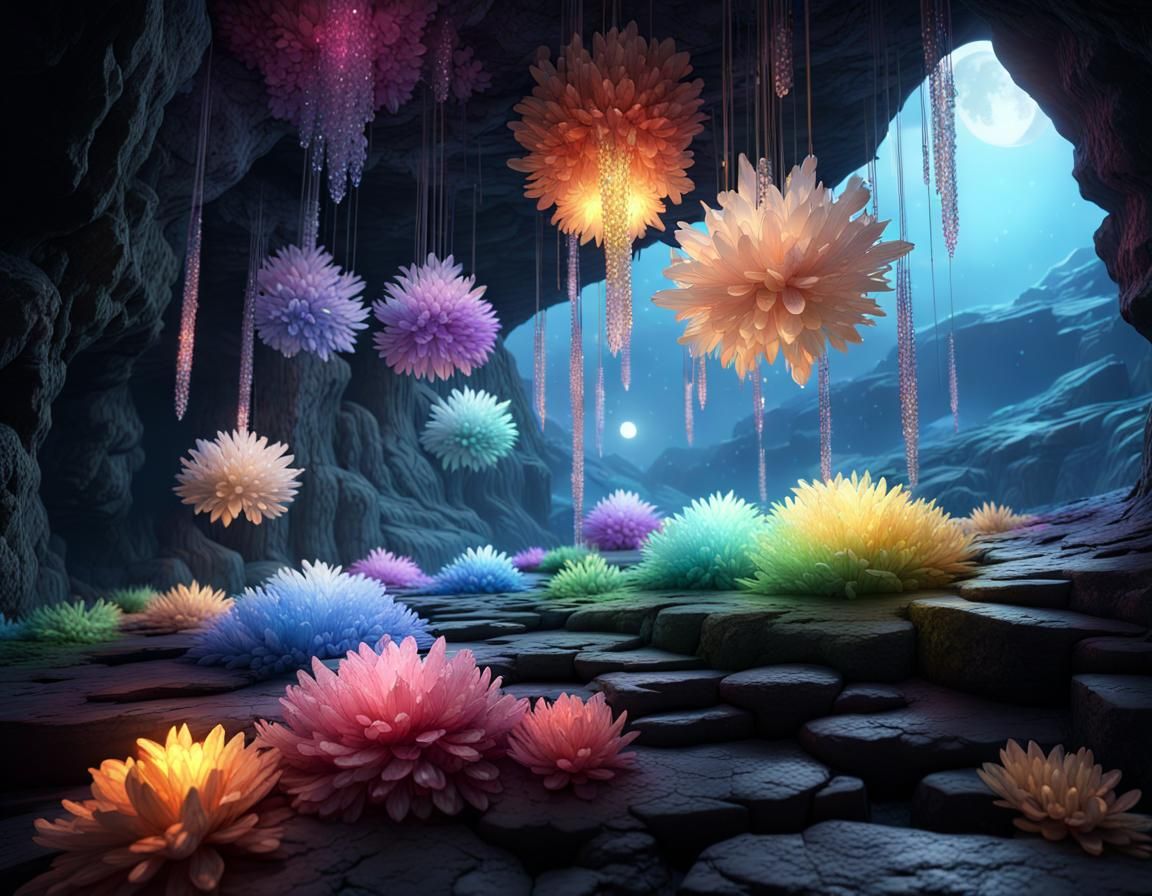 Crystal Flower Cave in Moonlight: Fantasy Art