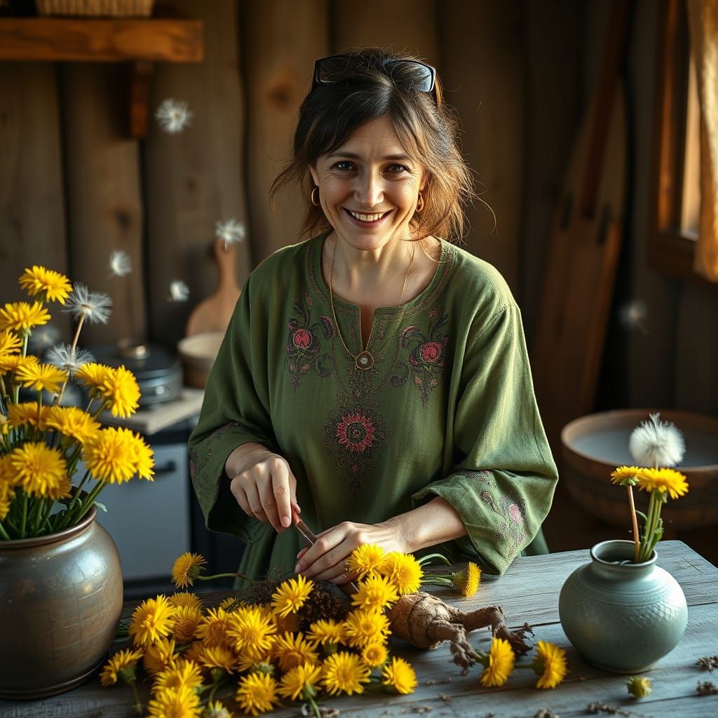 Warm Earthy Lady in Moss-Green Dress with Dandelion Greens