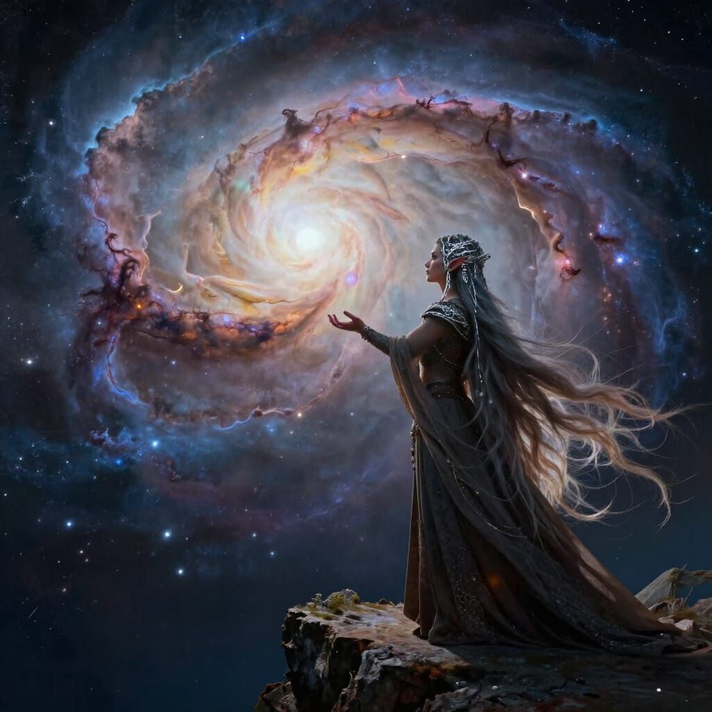 Elf Gazes at Swirling Nebula on Cliff Edge