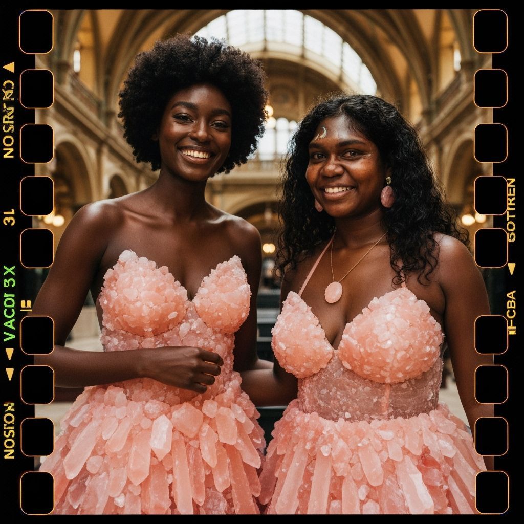 Elegant Women in Crystal Dresses at Sydney Building