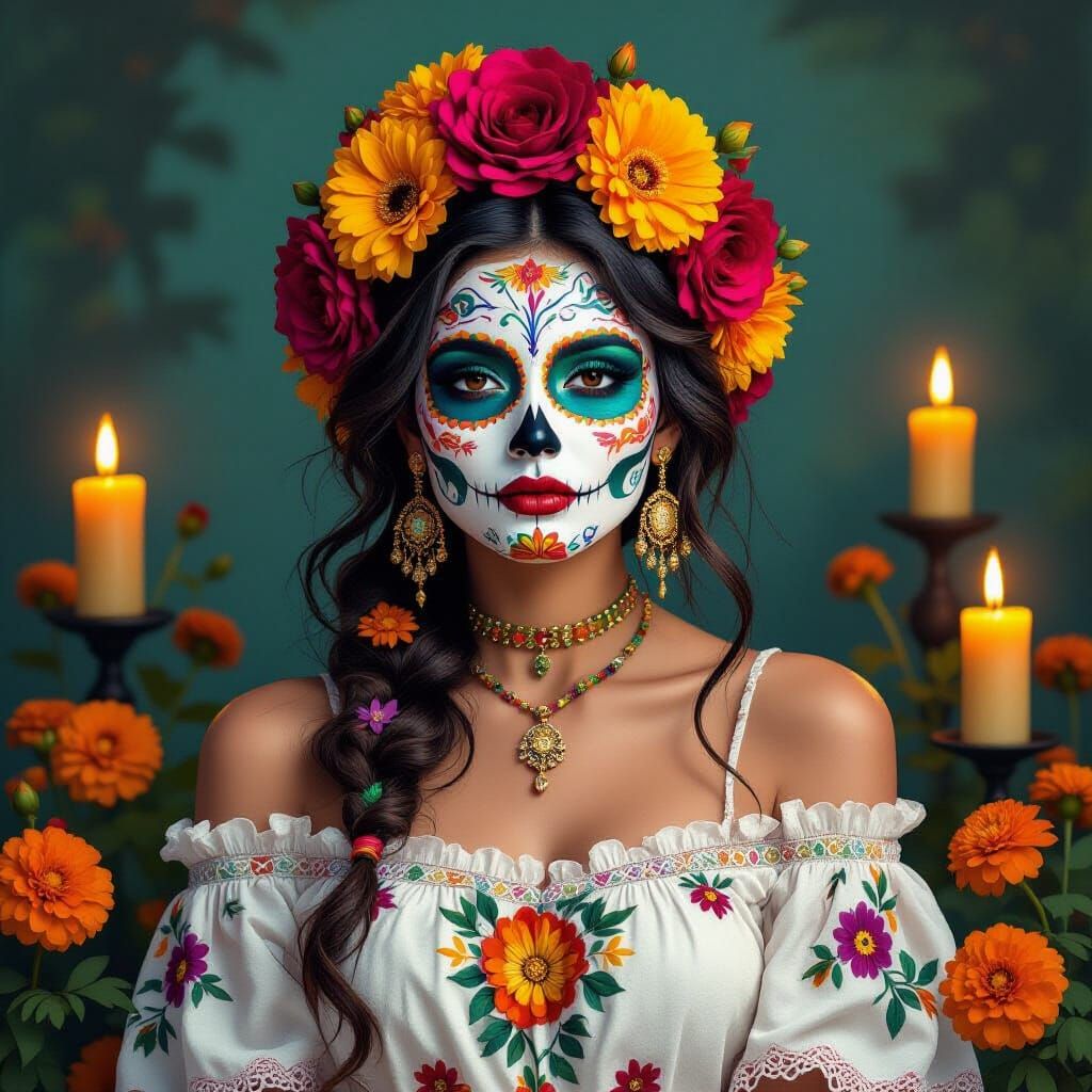 Vibrant Día de los Muertos Woman with Marigolds