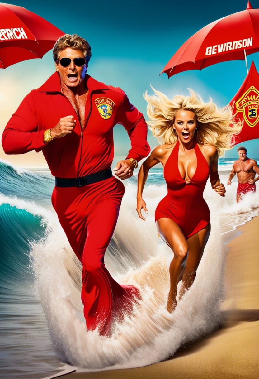 A tribute to Baywatch with David hasslehoff, Pamela Anderson..and is that Piers Morgan? Lol