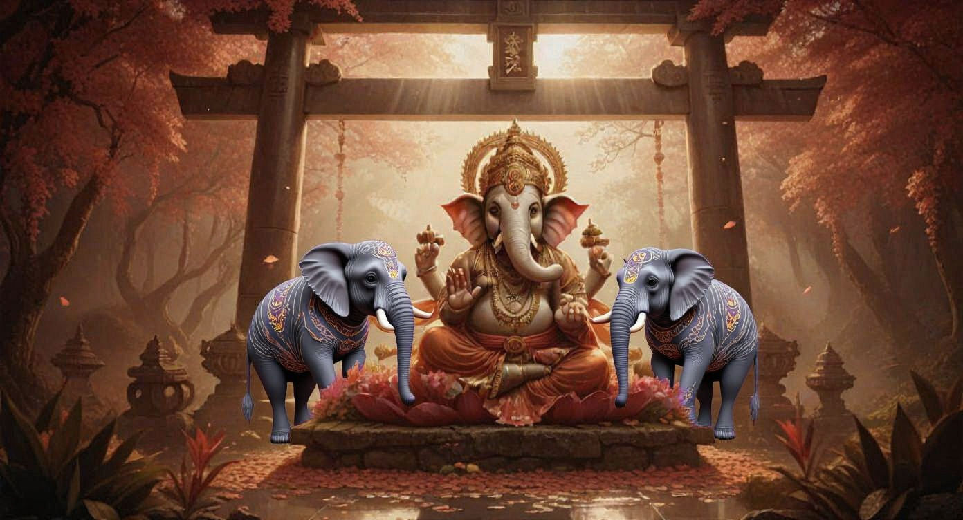 Ganesh Under Torii Bridge With Worshipping Elephants