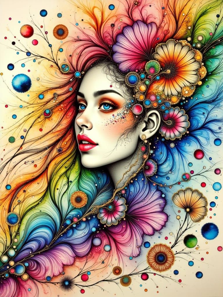 Vibrant Portrait of a Beautiful Woman in a Colorful Landscap...