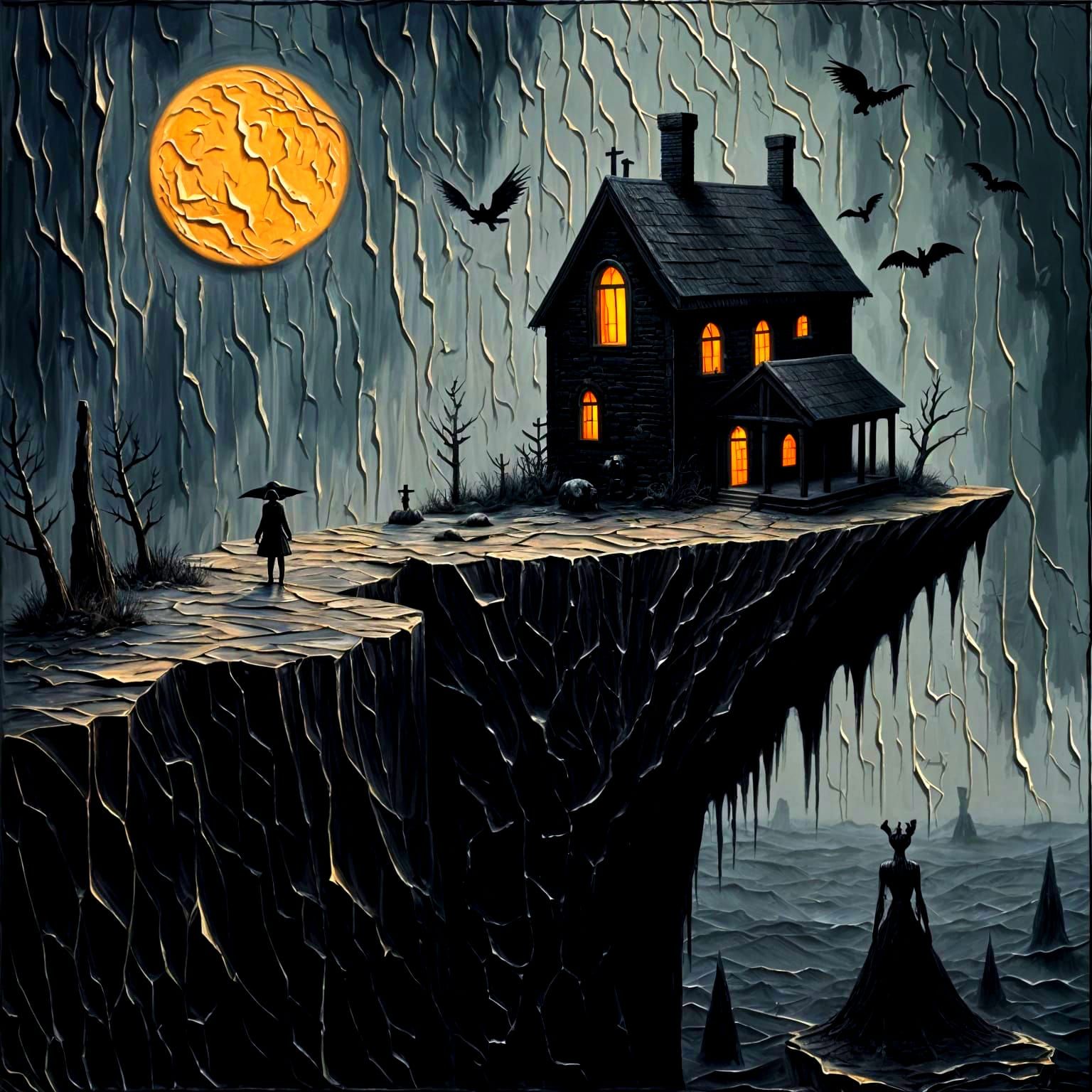 Spooky haunted house perched on a desolate cliff high above ...