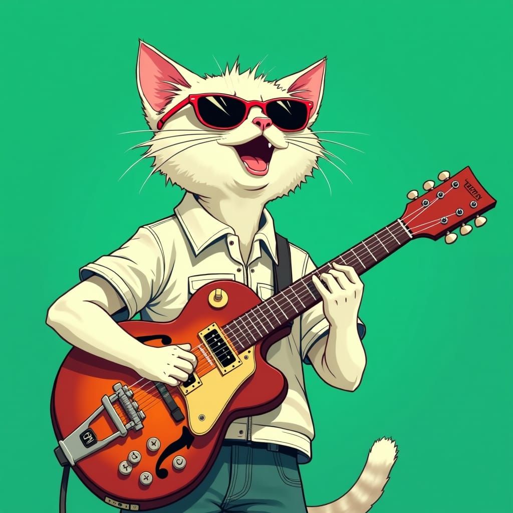 Cool Cat Plays Jazz Guitar in Loish Style
