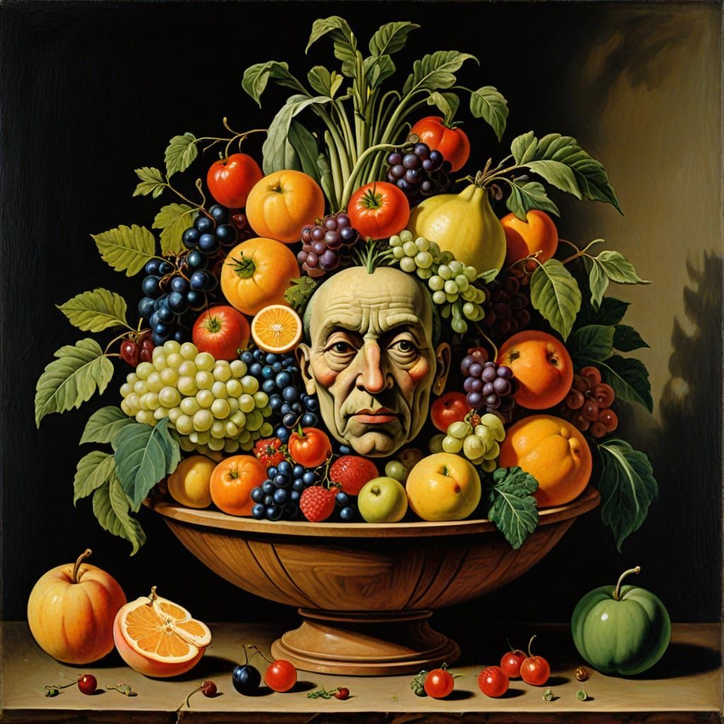 Surreal Still Life in Post-Modernist Style with Fruits and V...
