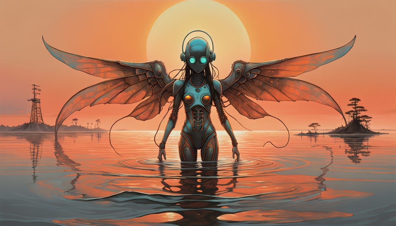 Ethereal Techno-Fantasy Creature at Sunset