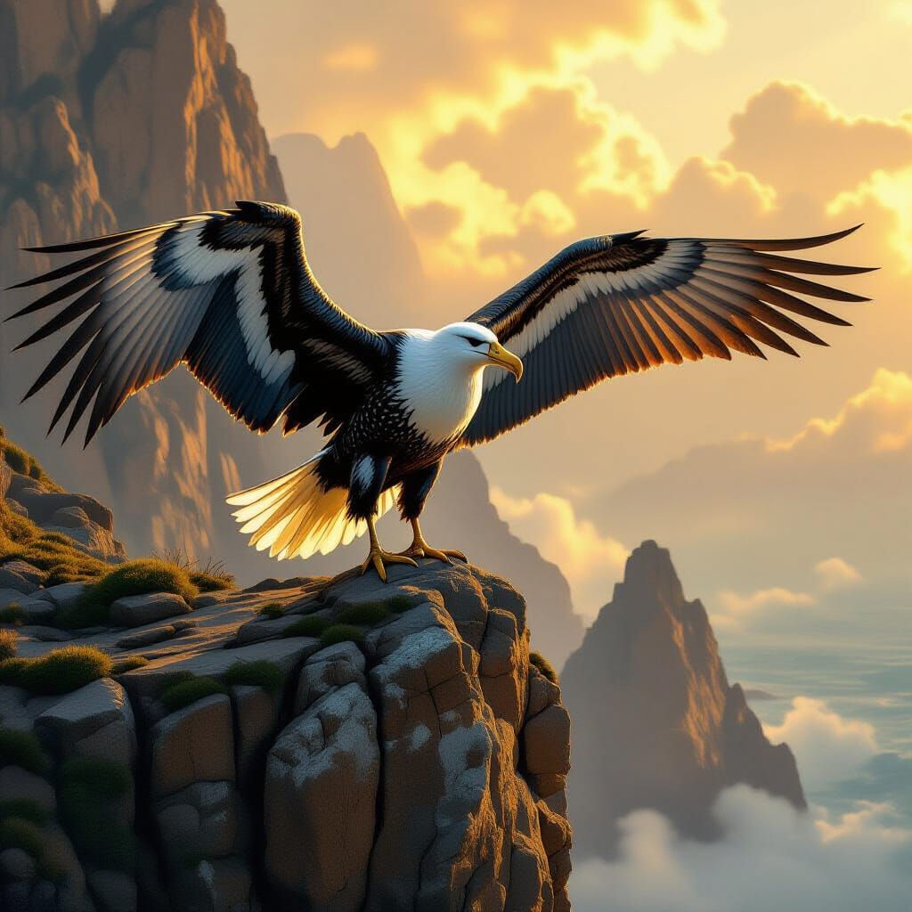 Glowing Albatross on Cliff in Fantasy Realism Style