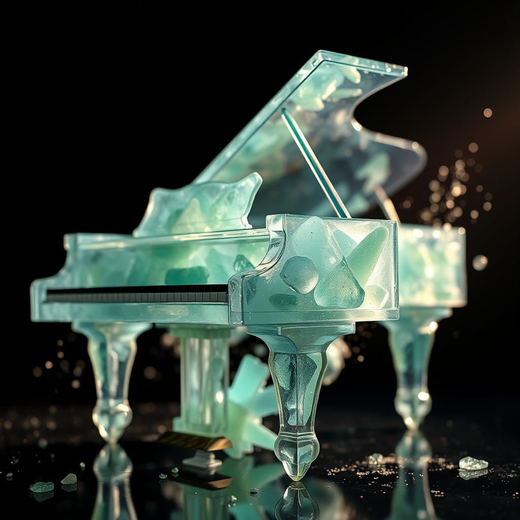 Hyperrealistic Sea Glass Piano with Vivid Color Splashes
