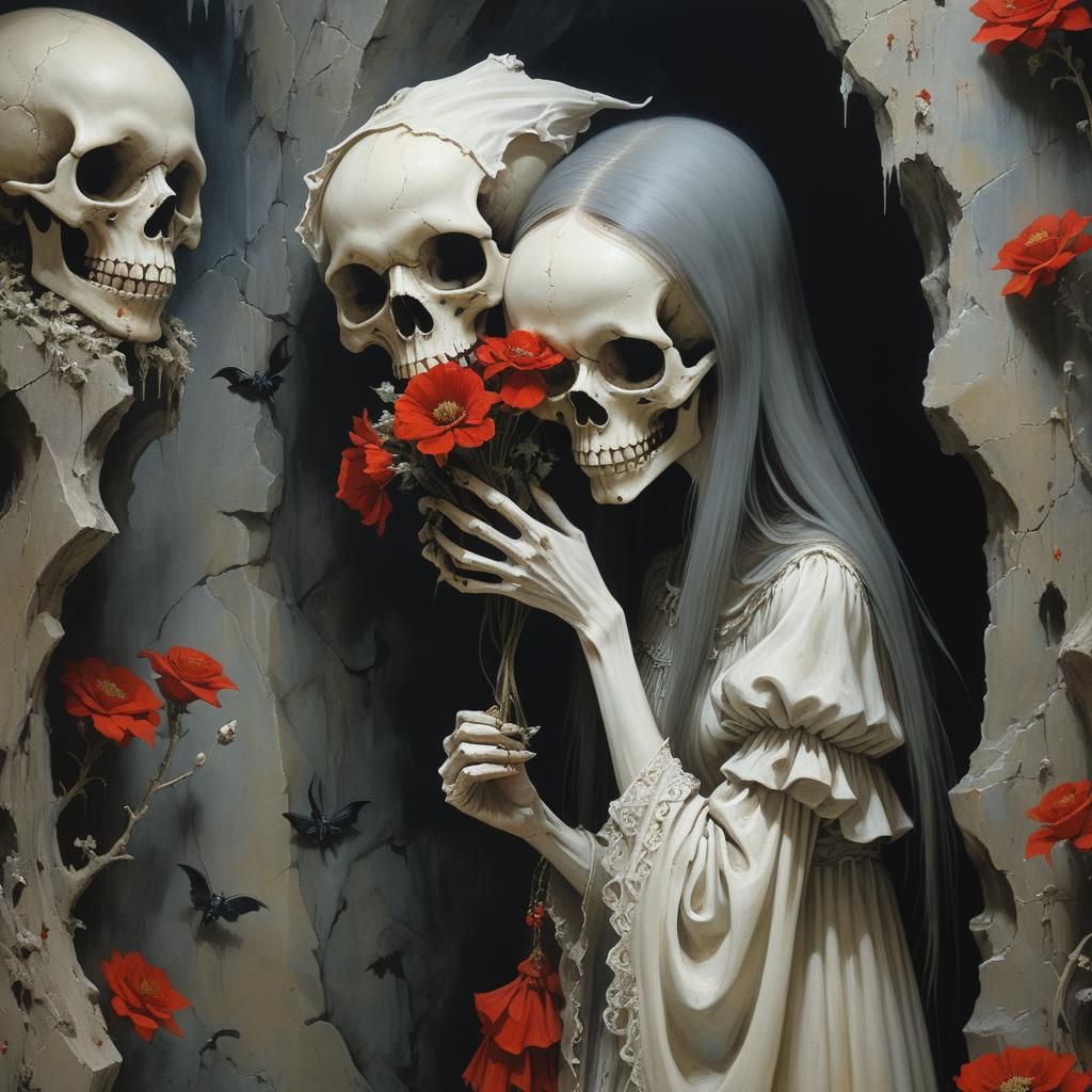 Eerie Witch in Cave with Skull: Haunting 3D Render