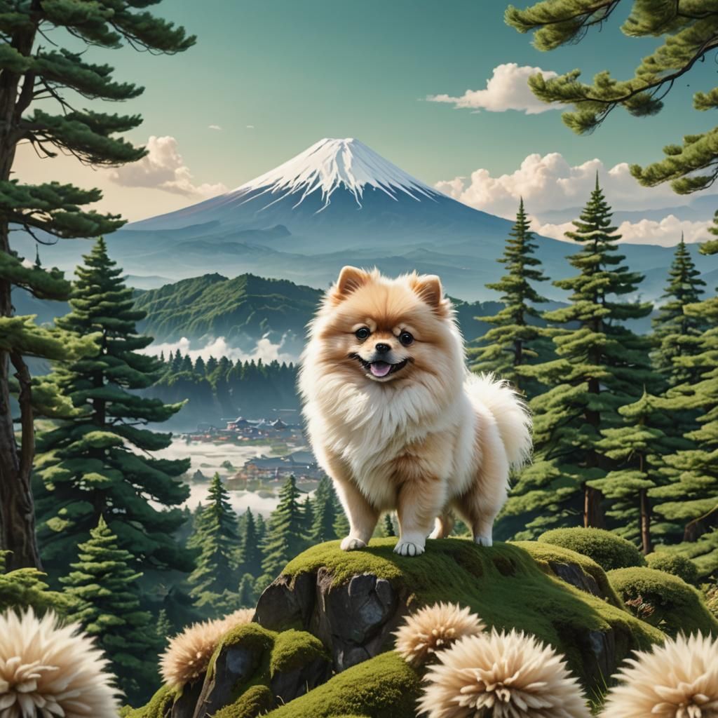 Pomeranian with Mount Fuji: A Matte Painting