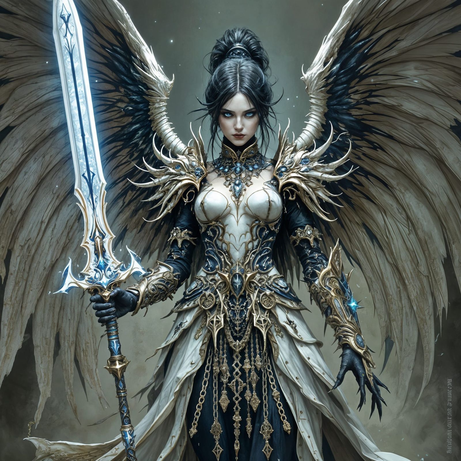 Dark Fantasy Angel in Gothic Armor with Ethereal Sword