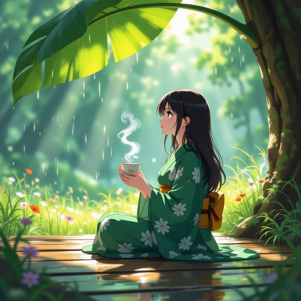 Serene Forest Tea: Anime-Style Sunlight Scene