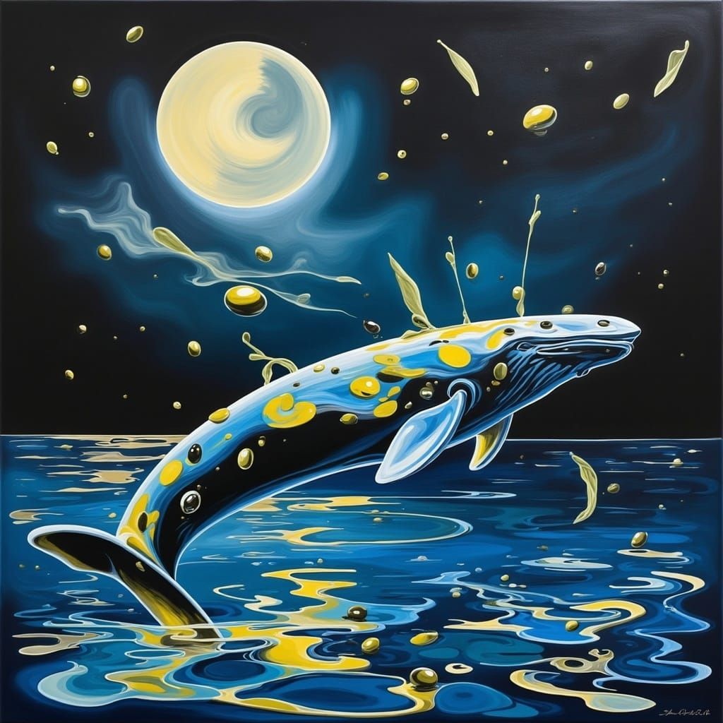 Ethereal Olive Whale in Iridescent Moonlit Ocean