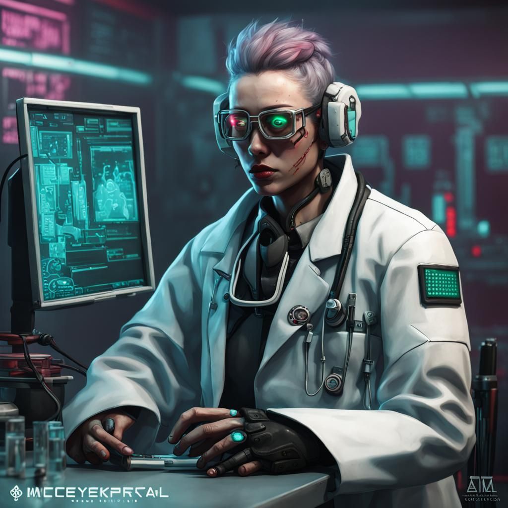 Cyberpunk Medical Technician in Futuristic Setting