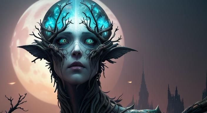 Cyberpunk Sea Freighter with Moss-Covered Eye Creature