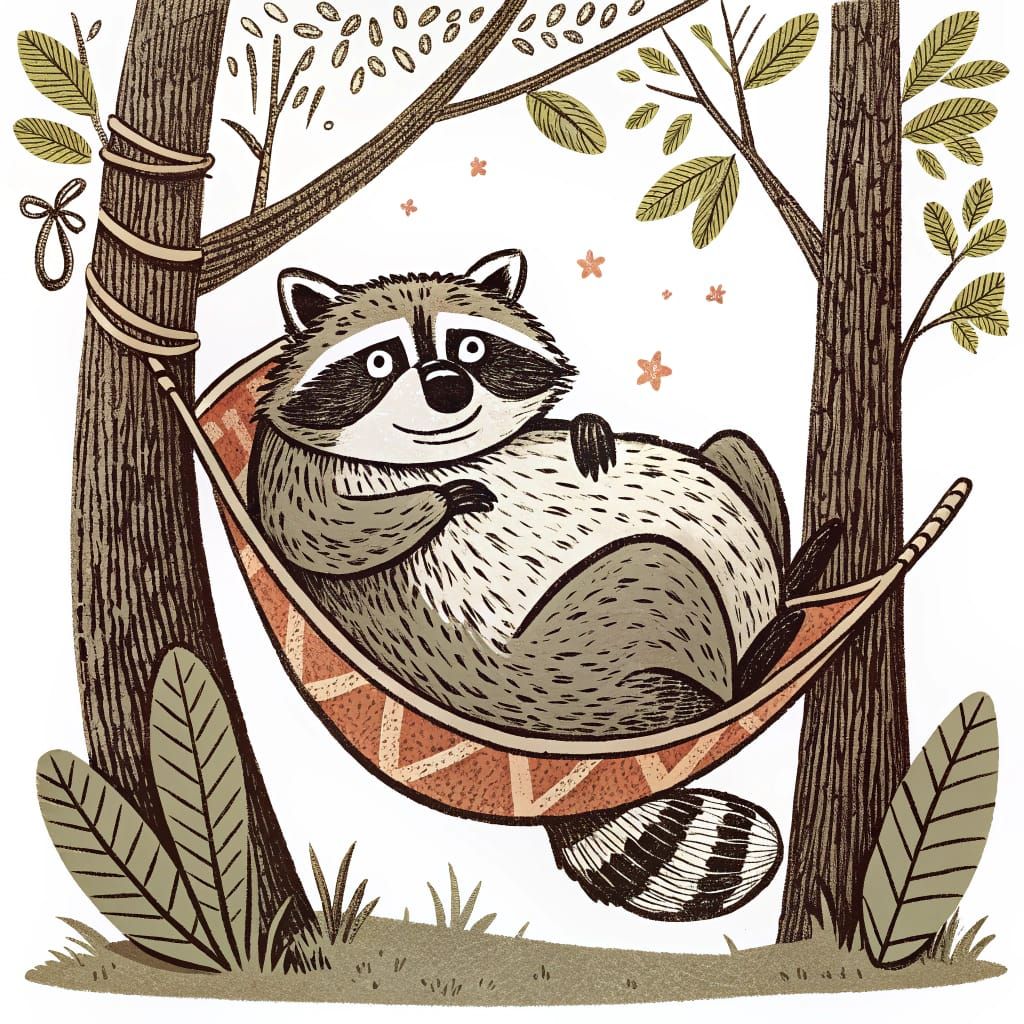 Woodcut Art of a Plump Raccoon in a Hammock