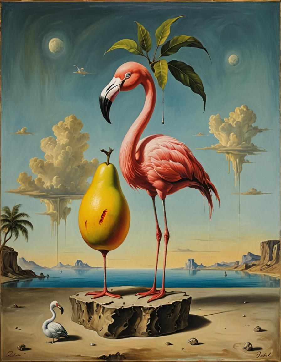 Surreal Flamingo-Headed Mango in Dali Style