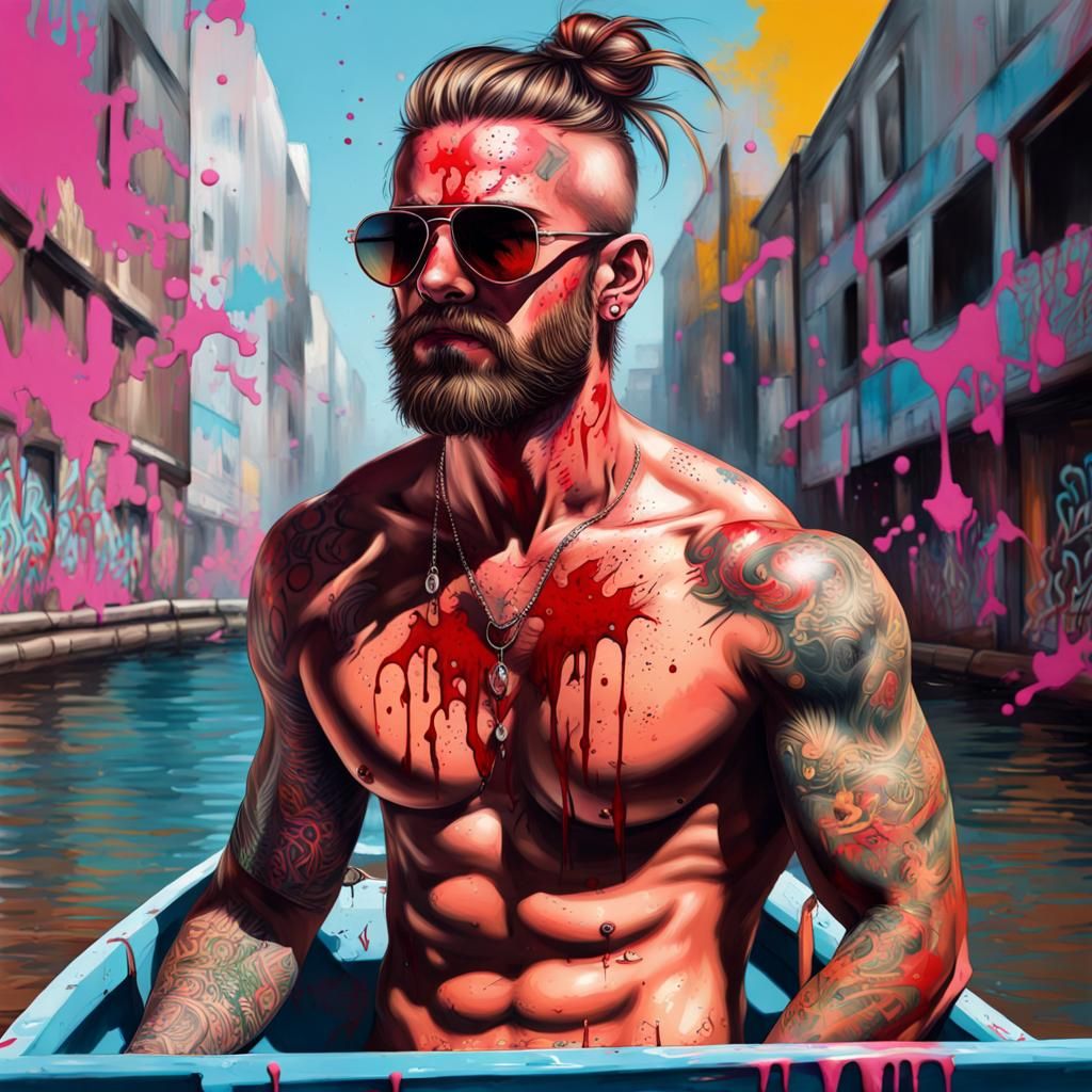 Shirtless Tattooed Man in Boat as Graffiti Art