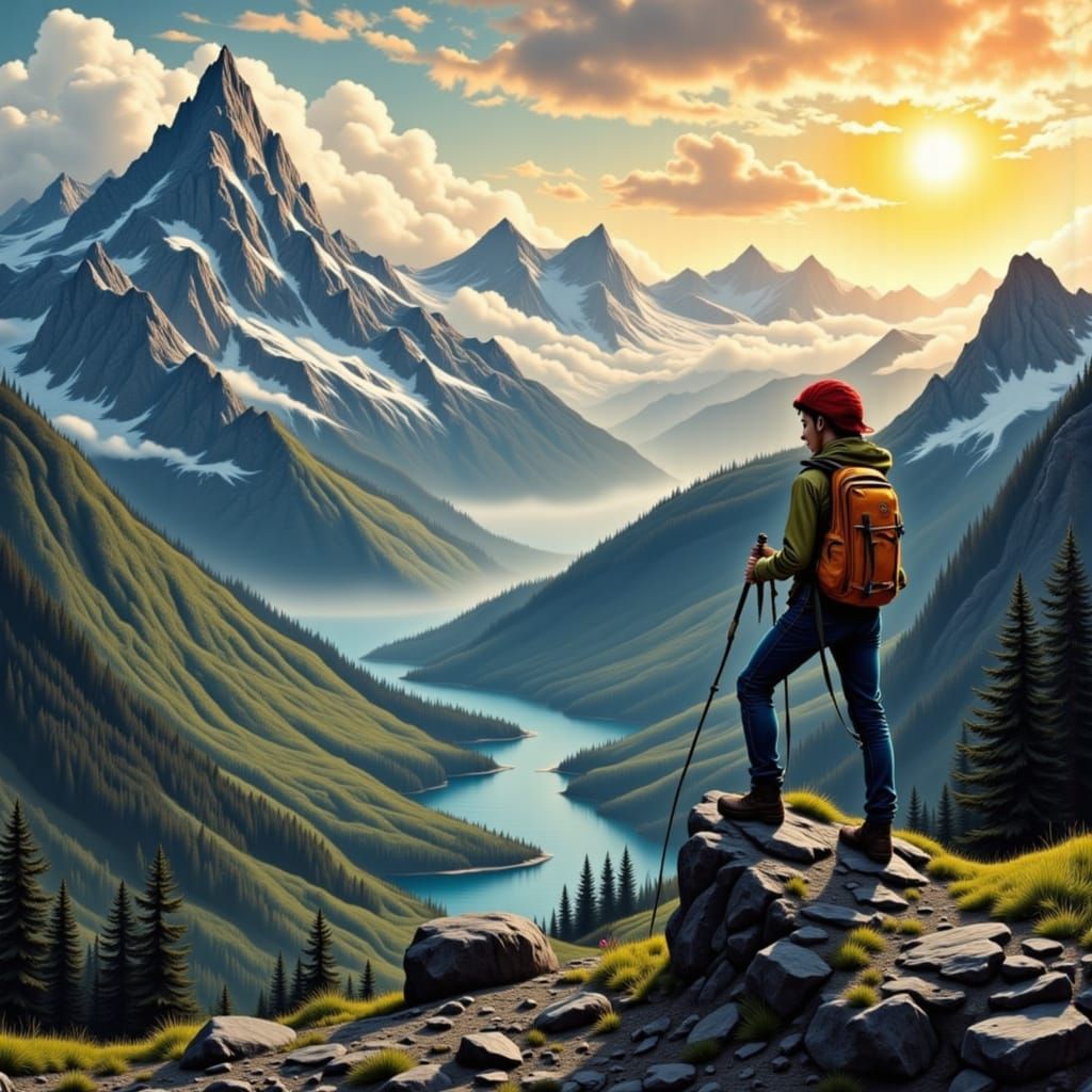 Solitary Hiker on Swiss Alps Ridge at Dawn