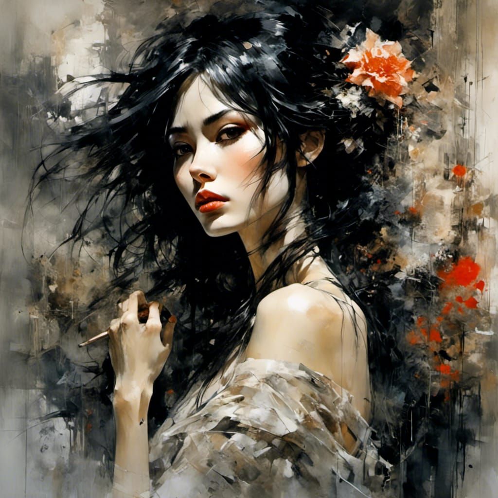 Franco-Japanese Woman in Mixed-Media Portrait