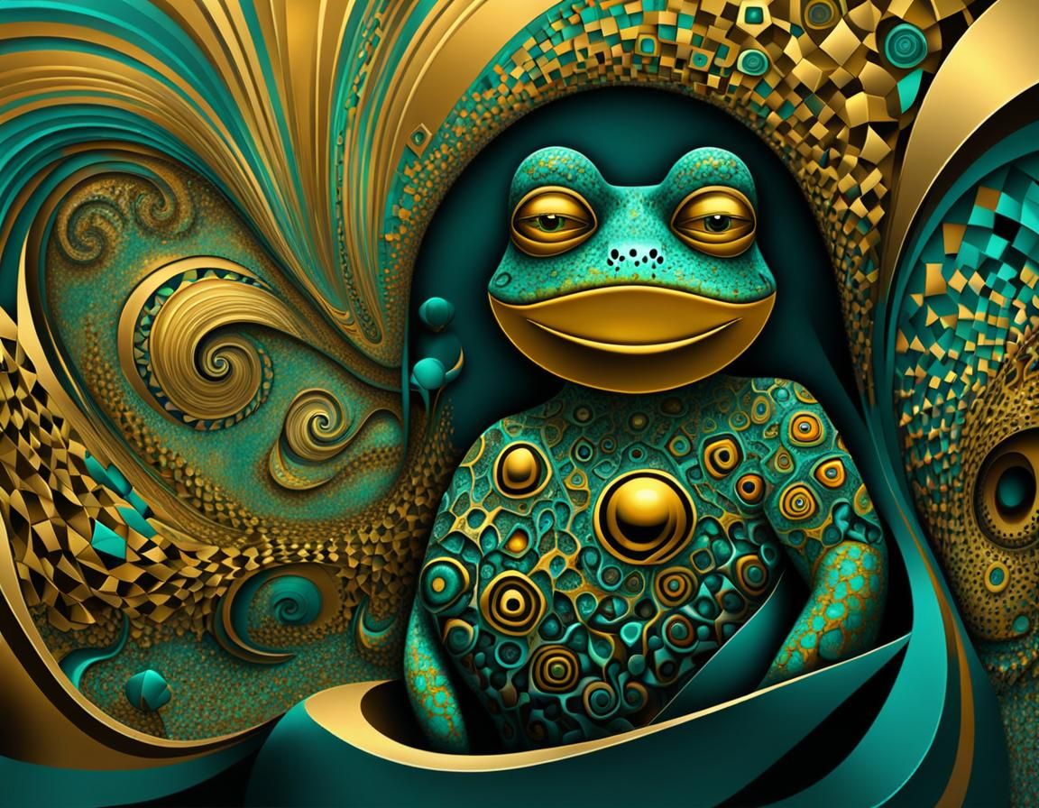 Surreal Fractal Portrait in Teal and Gold