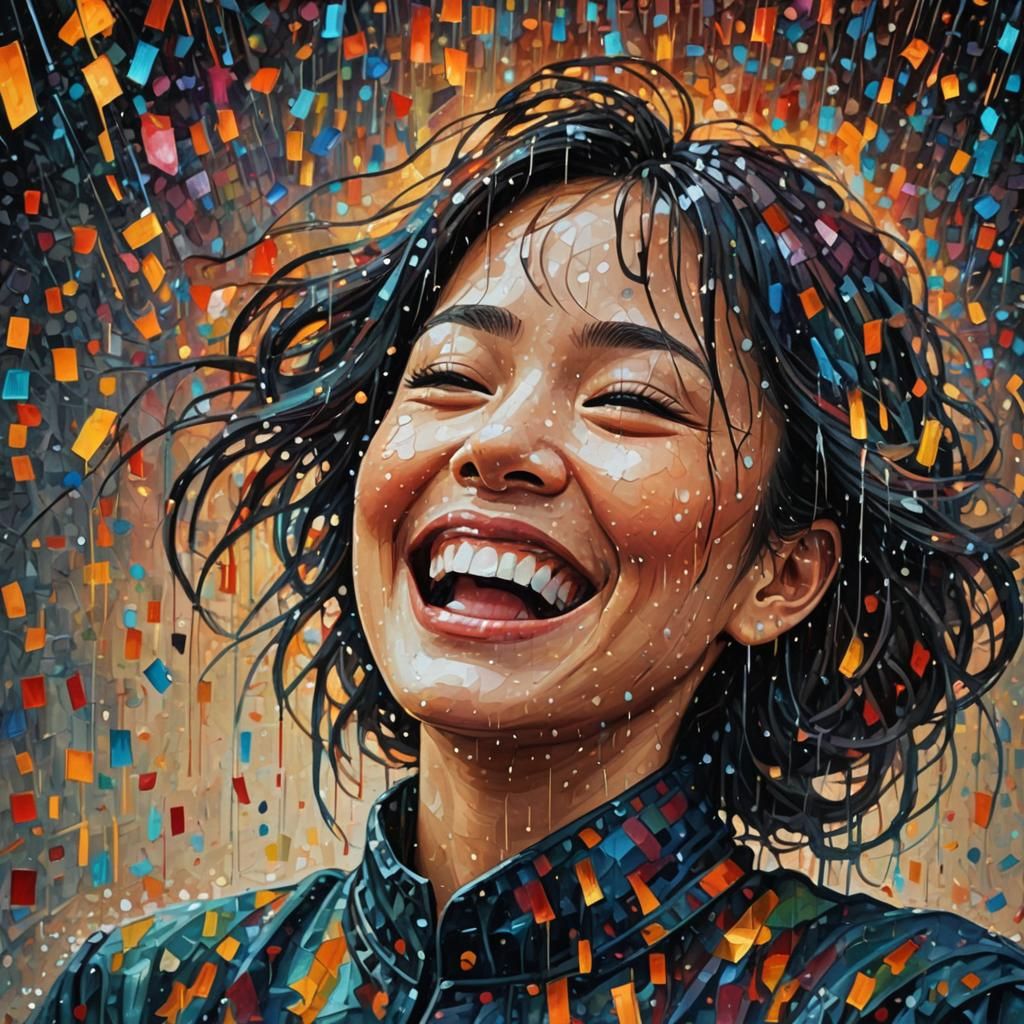 Laughing Portrait in Abstract Geometric Rain