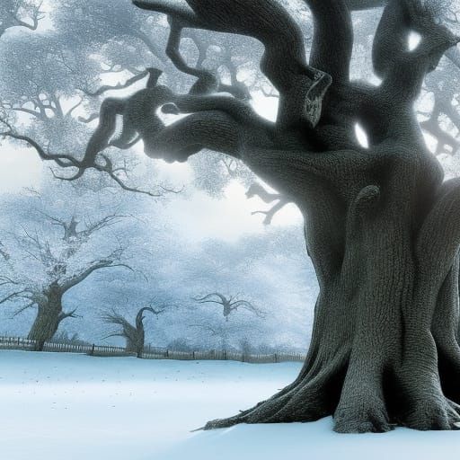 Detailed Oak Tree in Winter Digital Art