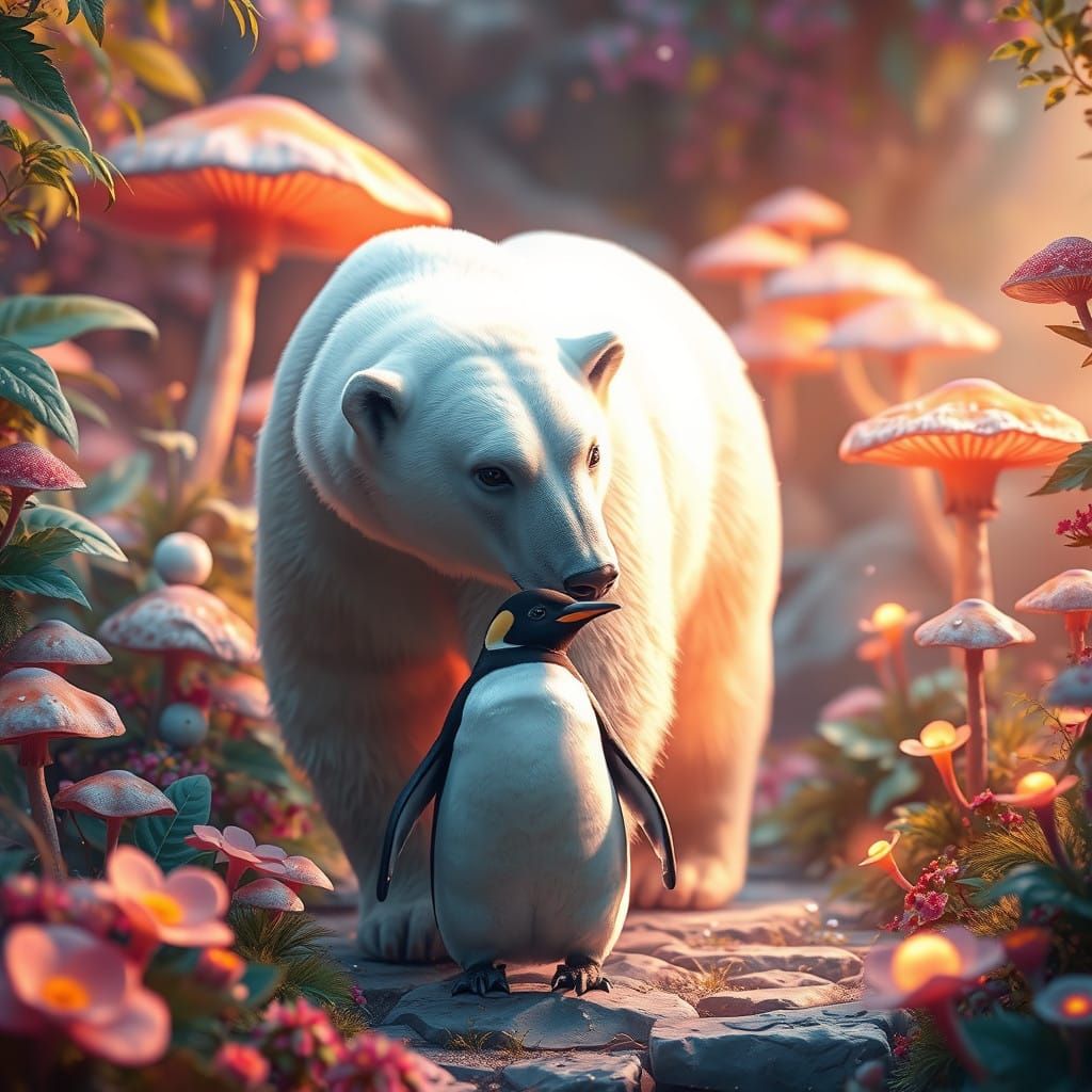 Surreal Polar Bear and Penguin in Vibrant Botanical Wonderla...