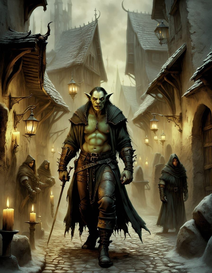 Orcish Thief in Medieval Street, Luis Royo Style