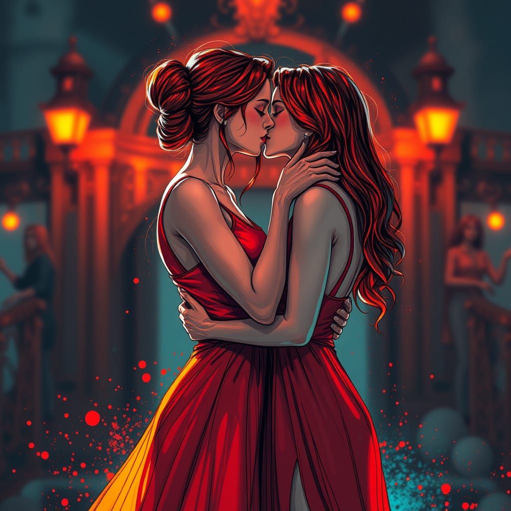 Romantic Lovers in Red, Ink Lines Style