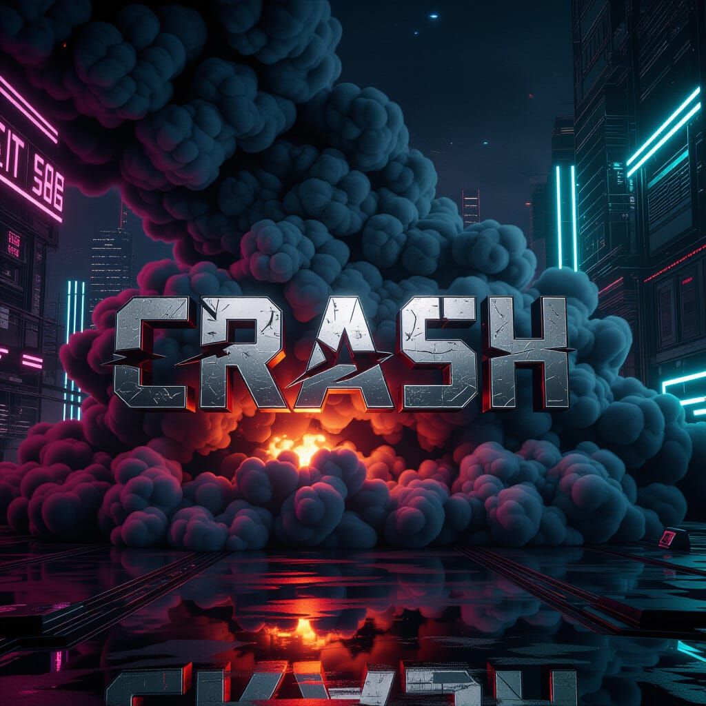 Crash in Dystopian Cyberpunk Landscape, Metallic Letters