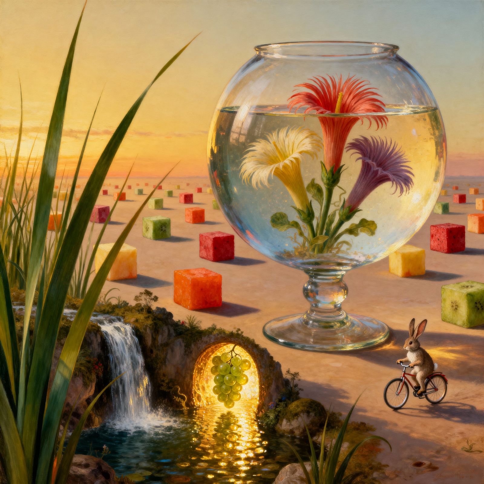 Surrealist Bunny Bike Ride in a Fishbowl Landscape