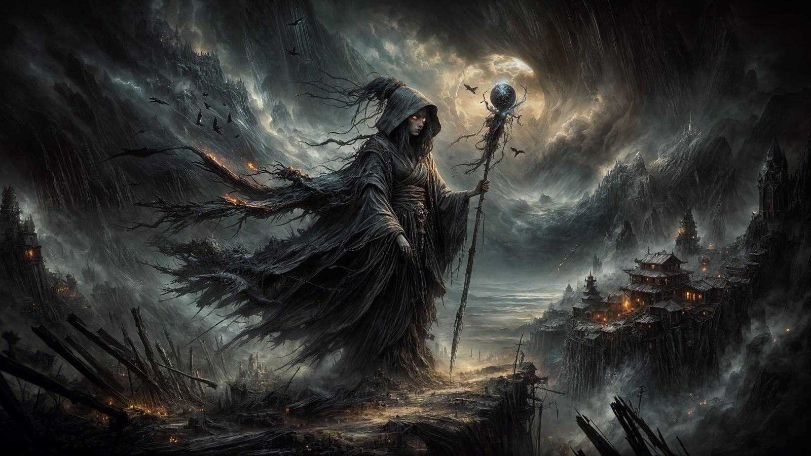 Dark Fantasy Witch on Cliff Overlooking Desolate Village